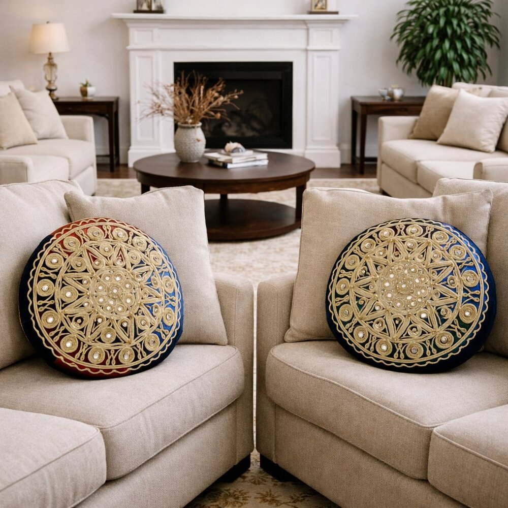 Round Cushion Covers Mirror Studded Handmade - Set of 4